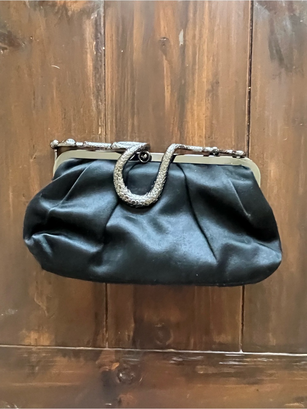 BCBG Black Satin Evening Clutch with Decorative Snake Accent